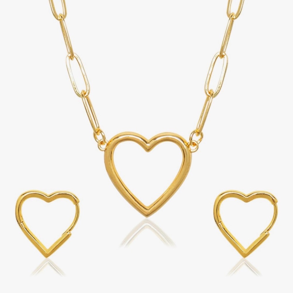 NEW 14k Gold Plated 925 SS Gold Heart Earrings and Necklace Jewelry Set